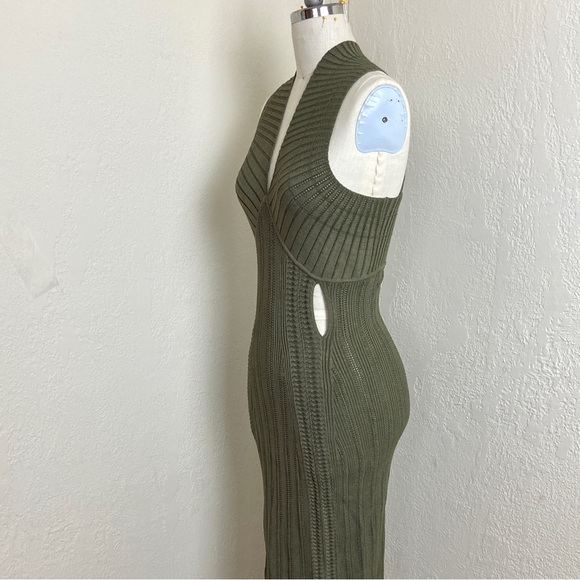 $980 Dion Lee Cutout Snake Effect MIDI Olive Ribbed Dress - Picture 6 of 14